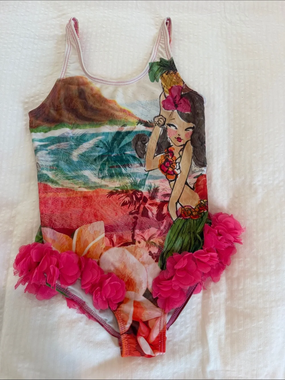 Girls Pink Tropical Hula One-Piece Swimsuit with Floral Trim